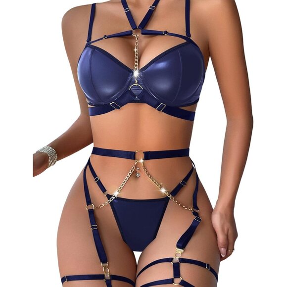 🆕Women Blue Sexy Pu Leather Strappy Underwire Garter Belt Lingerie Set